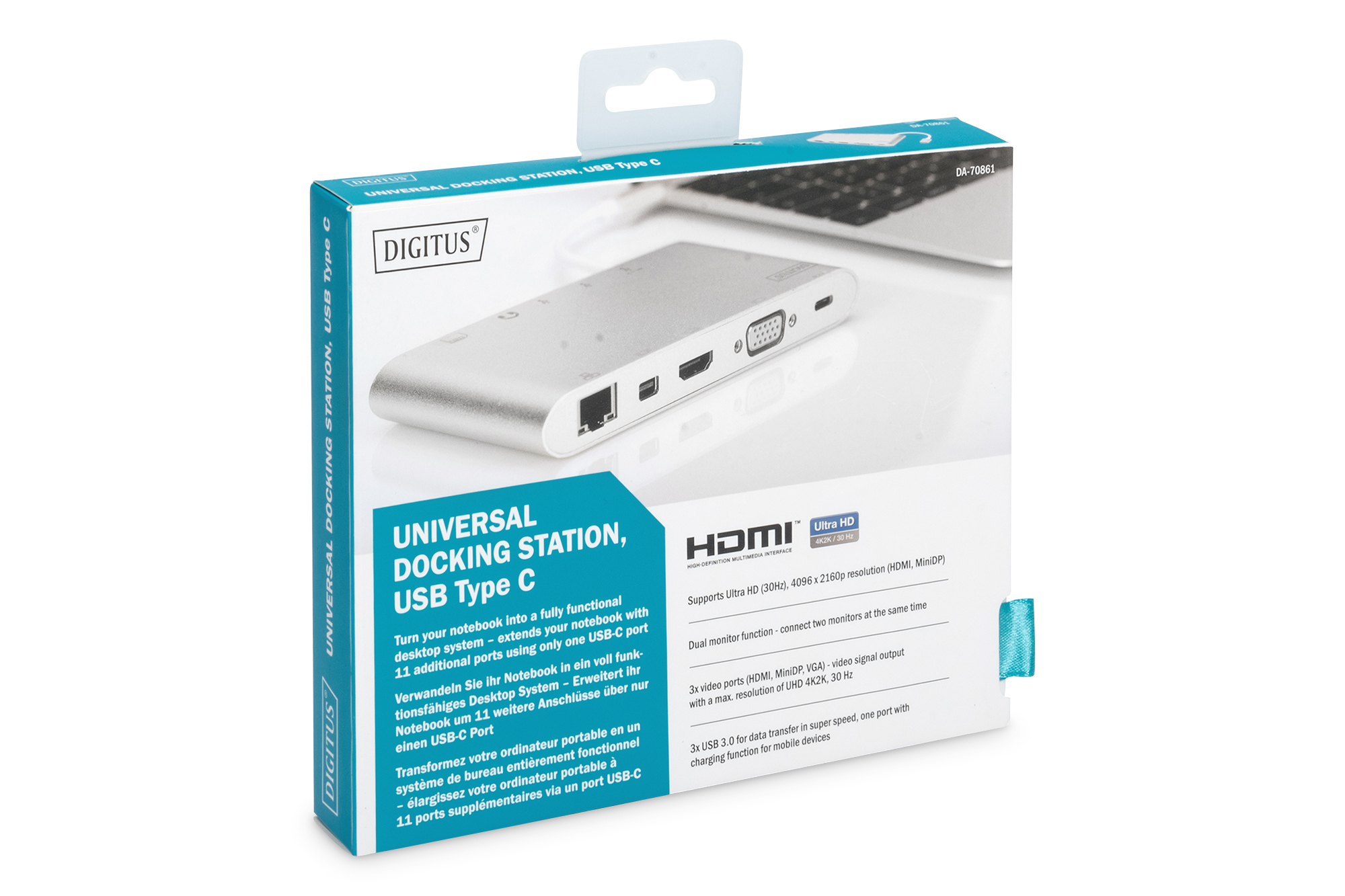 Digitus USB-C Docking Station mDP / HDMI / VGA / GLAN / USB-C / 3x USB 3.0 / CardReader SD/MMC / Audio/Mic Jac / Alu, silber