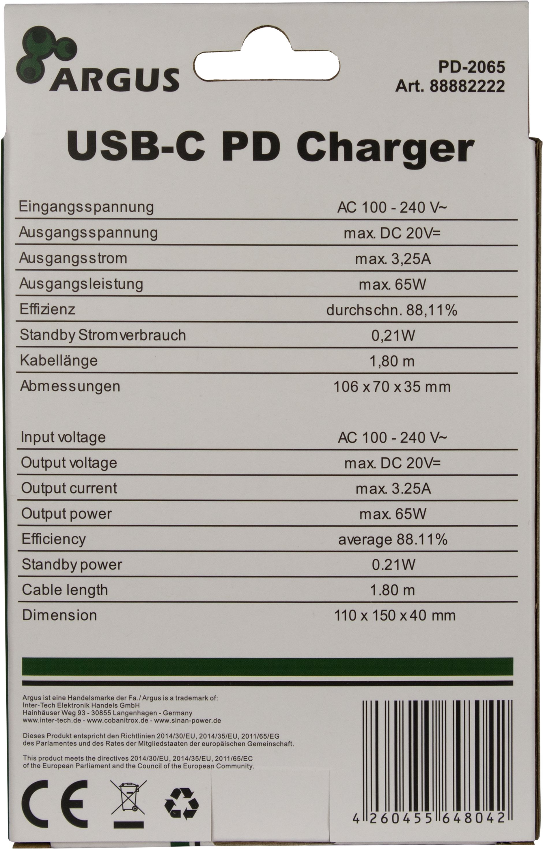 Notebook Netzteil Argus PD-2065 USB-C 65W, schwarz