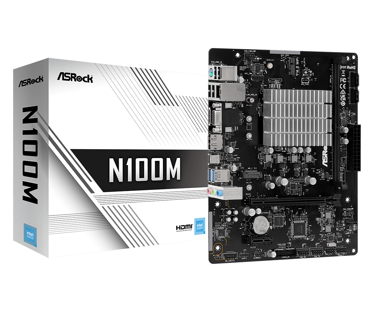 ASRock N100M mit Intel N100 CPU (3,4GHz), 1xDDR4 HDMI / DVI, mATX