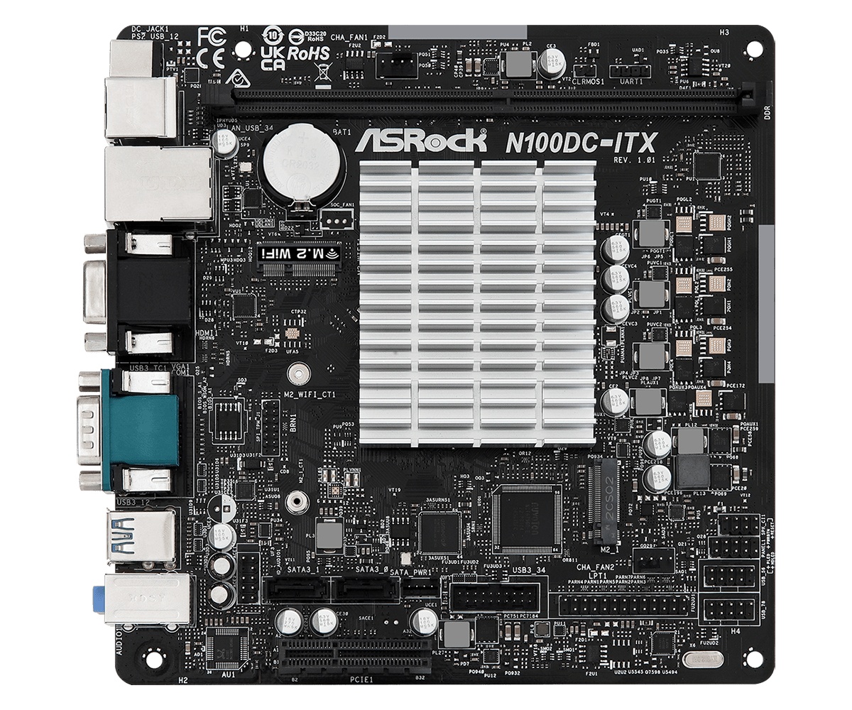 ASRock N100M mit Intel N100 CPU (3,4GHz), 1xDDR4 HDMI / DVI, mini-ITX