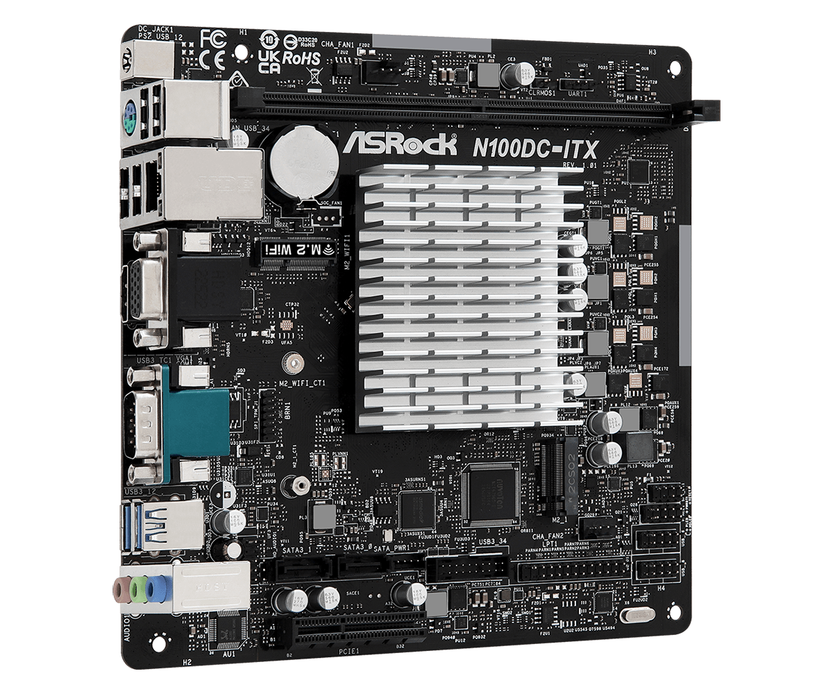 ASRock N100M mit Intel N100 CPU (3,4GHz), 1xDDR4 HDMI / DVI, mini-ITX