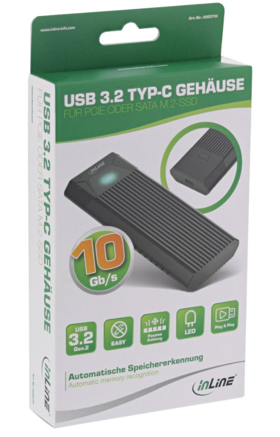 InLine® USB C 3.2 Gen.2 Gehäuse für M.2 SSD (PCIe NVMe & SATA) schwarz