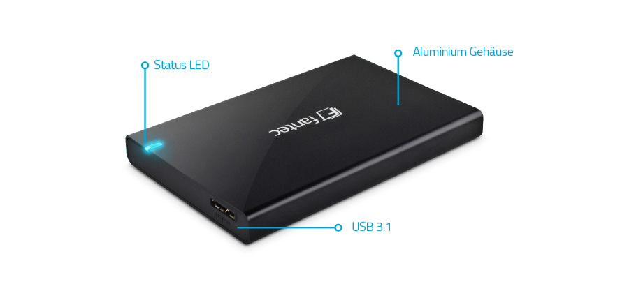 Fantec ALU-25B31 USB3.1 (10Gbit/s) für 2.5" SATA HDD`s, Aluminium, schwarz