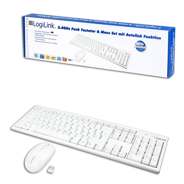 LogiLink Tastatur & opt. Maus  USB  Funk 2.4 GHz, Autolink, deutsch, weiß