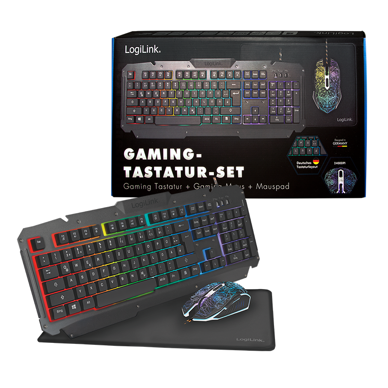 LogiLink Gaming-Set aus Tastatur, Maus und Mauspad USB RGB, deutsch, schwarz