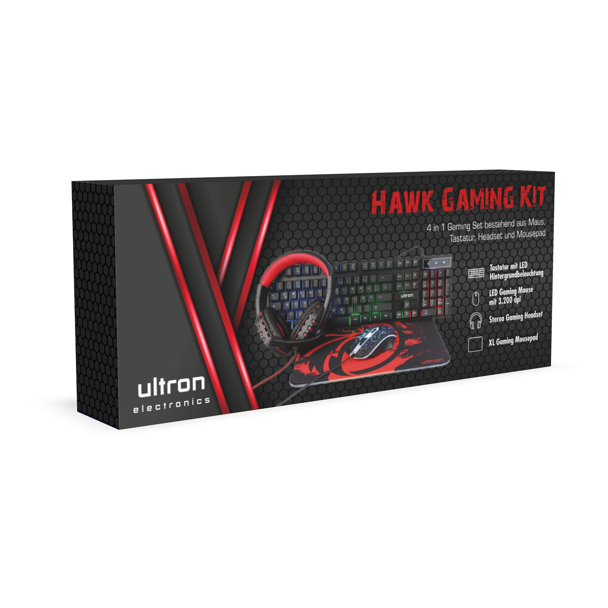 Ultron HAWK Gaming-Set aus Tastatur, Headset, Maus und Mauspad USB / 3,5mm Klinke, RGB, deutsch, schwarz