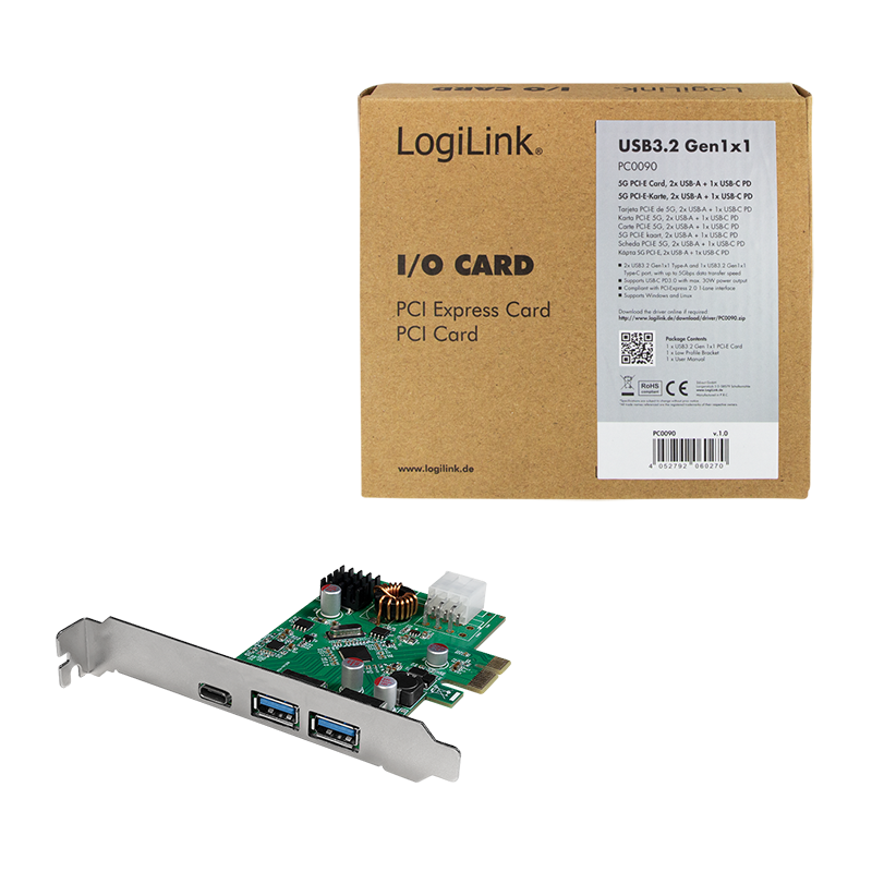 LogiLink USB 3.2 Gen 1 Karte, 2x USB-A & USB-C (PD), PCIe