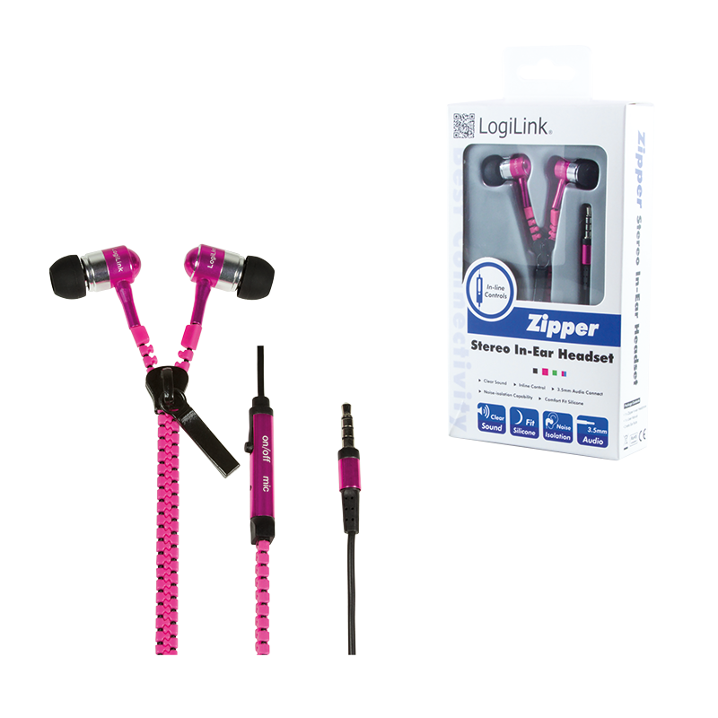 LogiLink Zipper Ohrhörer (In-Ear) für Handy, Tablet, MP3, etc. mit Microfon, neon-pink