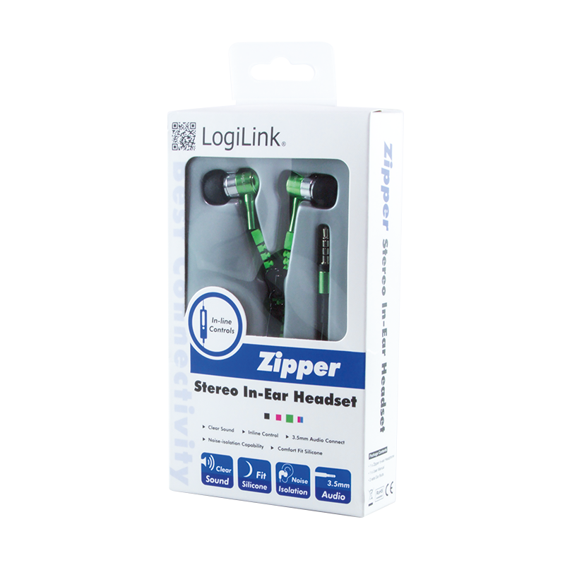 LogiLink Zipper Ohrhörer (In-Ear) für Handy, Tablet, MP3, etc. mit Microfon, neon grün