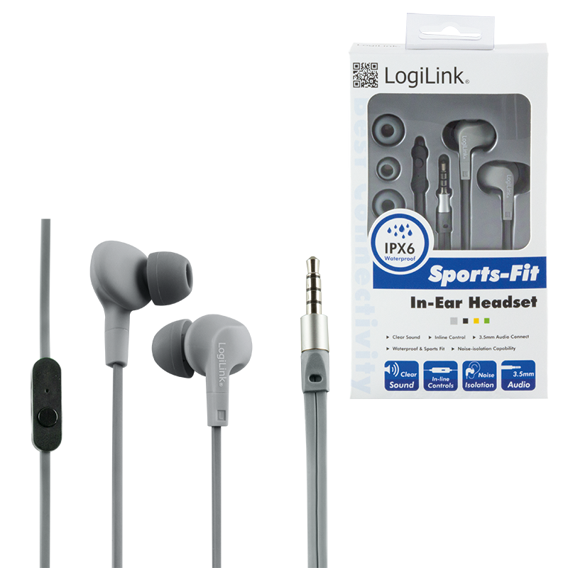 LogiLink Sport (IPX6) Ohrhörer (In-Ear) für Handy, Tablet, MP3, etc. mit Microfon, grau