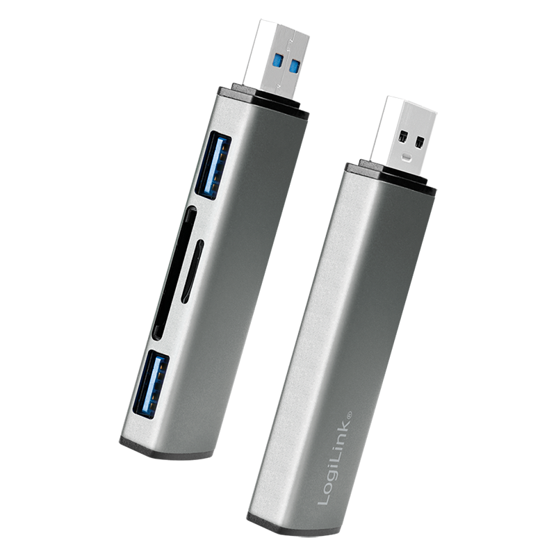 CardReader USB 3.2 mit 2-port USB-A Hub für Micro-SD und SD-Karten, Alu-grau