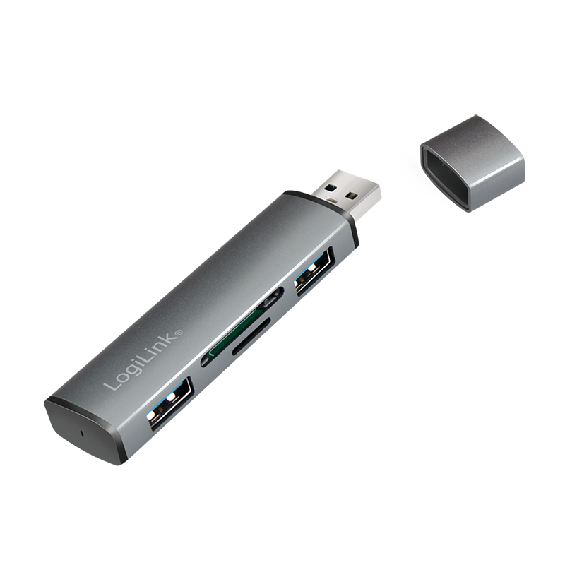 CardReader USB 3.2 mit 2-port USB-A Hub für Micro-SD und SD-Karten, Alu-grau