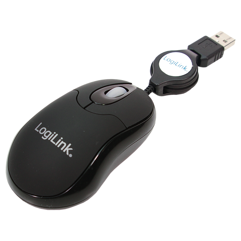 LogiLink Optical Mini-Mouse USB mit Kabeleinzug bel. Scrollrad, 3-Tasten, schwarz
