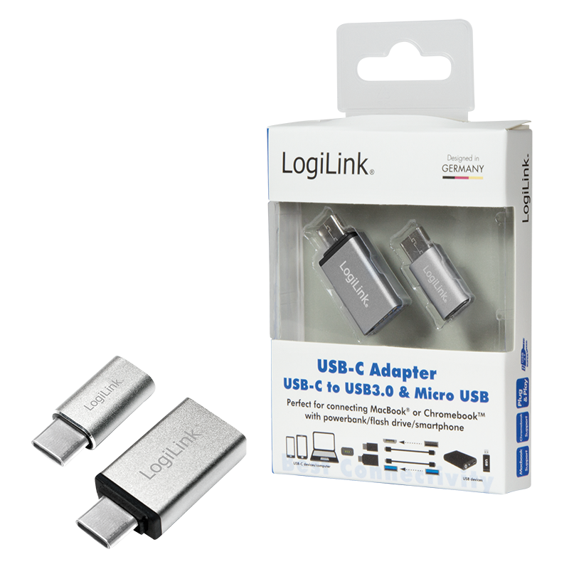 USB C/A/Micro-B Adapterkit - USB Typ C-Stecker > USB 3.0 A-Buchse + Micro-USB Buchse, silber