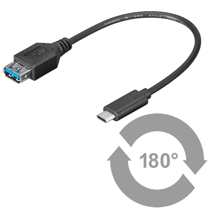 USB C/A Adapterkabel 0,2 M. - USB Typ C-Stecker > USB 3.0 A-Buchse, schwarz