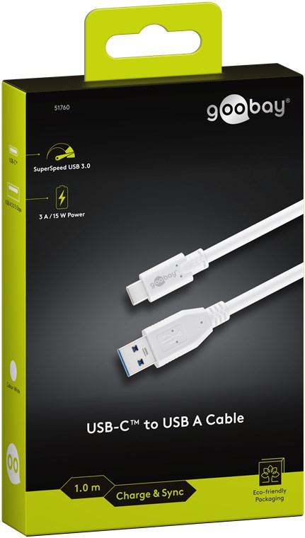 USB C/A Kabel 2,0 M. - USB Typ C-Stecker > USB A-Stecker, weiss