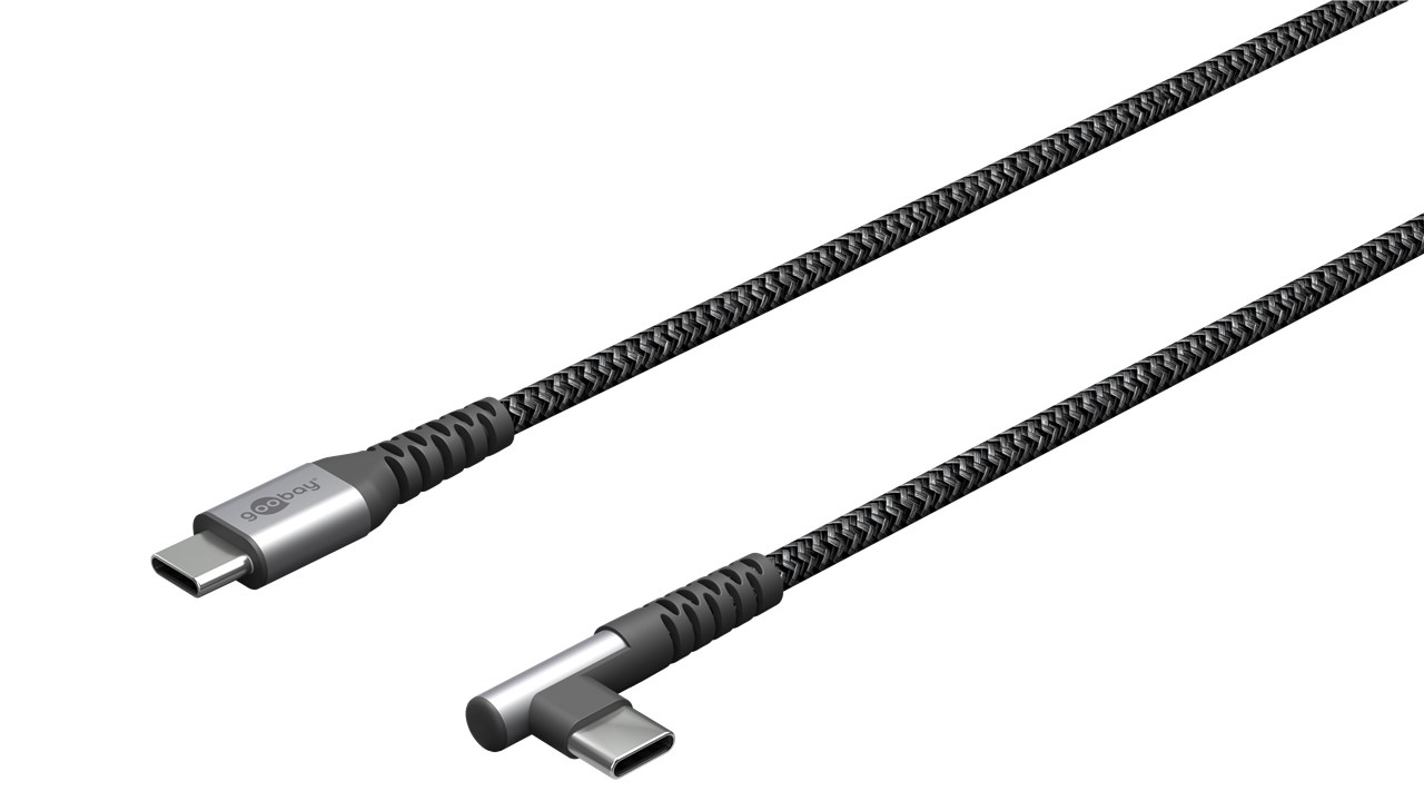 USB C/C Kabel 2,0 M. - USB Typ C-Stecker > USB Typ C-Stecker 90°, schwarz/grau
