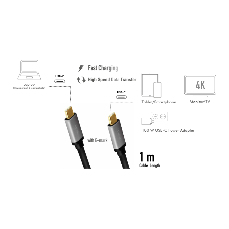 USB C/C Gen-2 Kabel 1,0 M. - USB 3.2 Typ C-Stecker > USB 3.2 Typ C-Stecker, schwarz/grau
