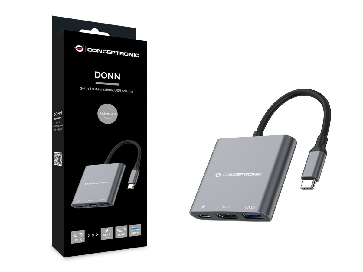 USB C/HDMI Konverter - USB 3.1 Typ C-Stecker > HDMI- +USBA- + USBC- Buchse, 15cm, grau