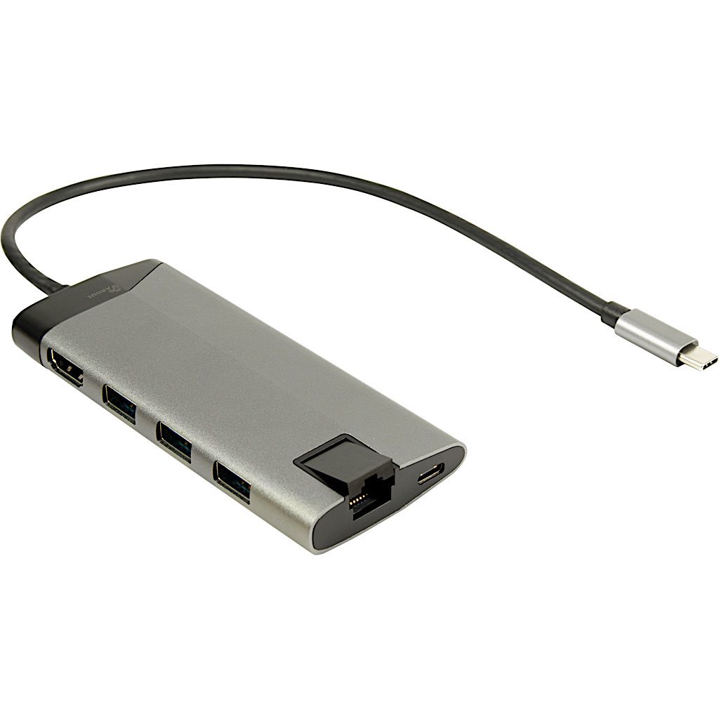USB C Multiport-Adapter - USB 3.1 Typ C-Stecker > HDMI / USB / RJ45 / CR -Buchse, 30cm, silber