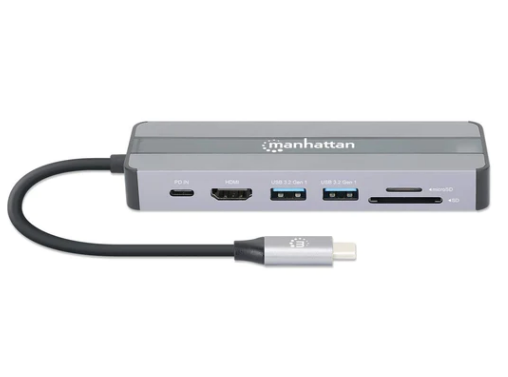 USB C Multiport-Adapter - USB 3.1 Typ C-Stecker > HDMI / 2xUSB-A / USB-C-PD / RJ45 / CR -Buchse, silber/schwarz