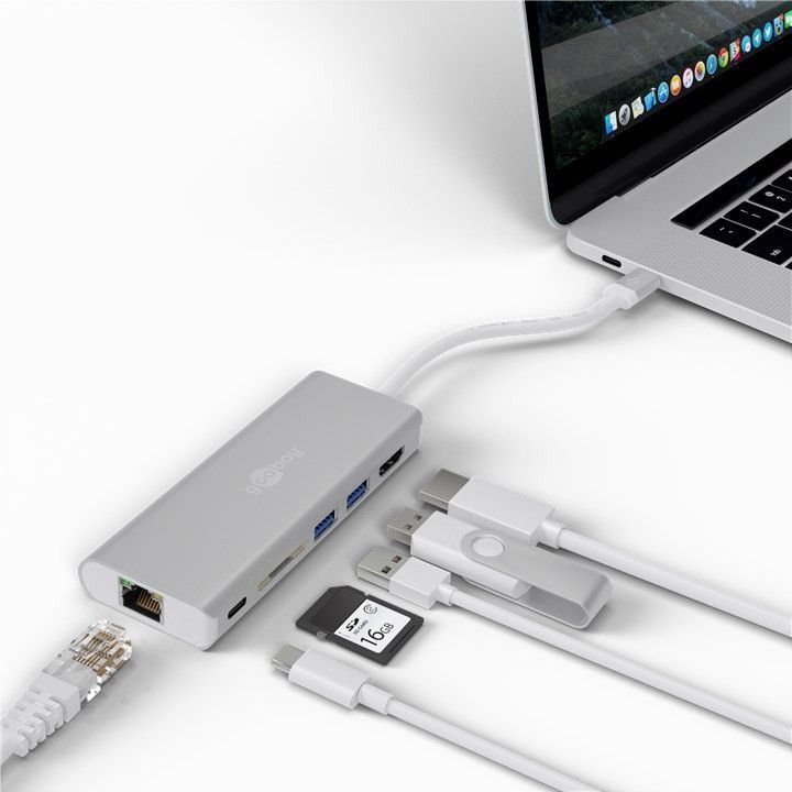 USB C Multiport-Adapter - USB 3.1 Typ C-Stecker > HDMI / USB / RJ45 / CR -Buchse, 20cm, silber