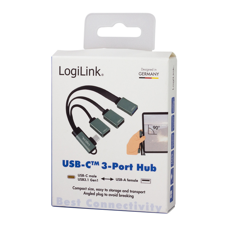 USB C Hub 3-Port - USB 3.1 Typ C-Stecker 90° > 2x USB 2.0 + 1x USB 3.0 A-Buchse