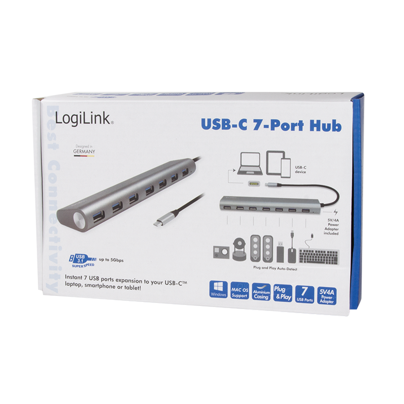 USB C Hub 7-Port - USB 3.1 Typ C-Stecker > 7x USB 3.0 A-Buchse, Alu-grau