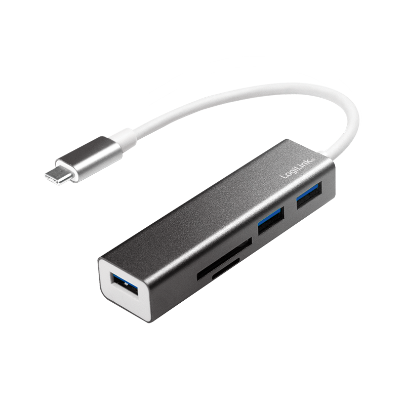 USB C Hub 3-Port + Cardreader - USB 3.1 Typ C-Stecker > 3x USB 3.0 A-Buchse + SD + microSD Slot, silber