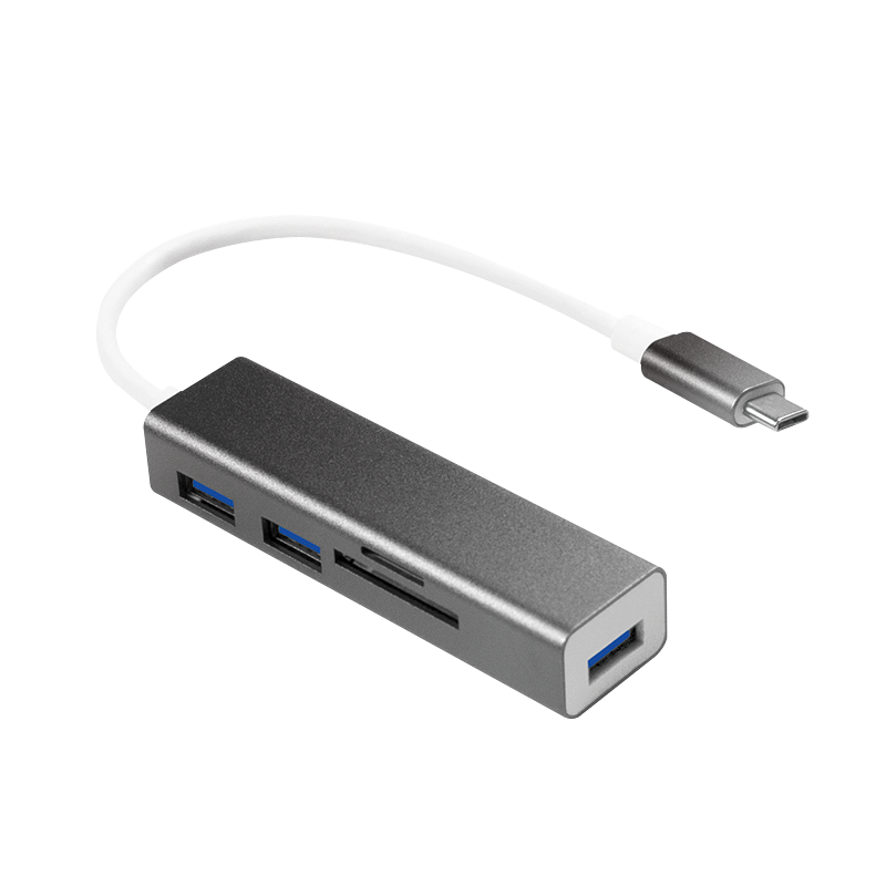USB C Hub 3-Port + Cardreader - USB 3.1 Typ C-Stecker > 3x USB 3.0 A-Buchse + SD + microSD Slot, silber