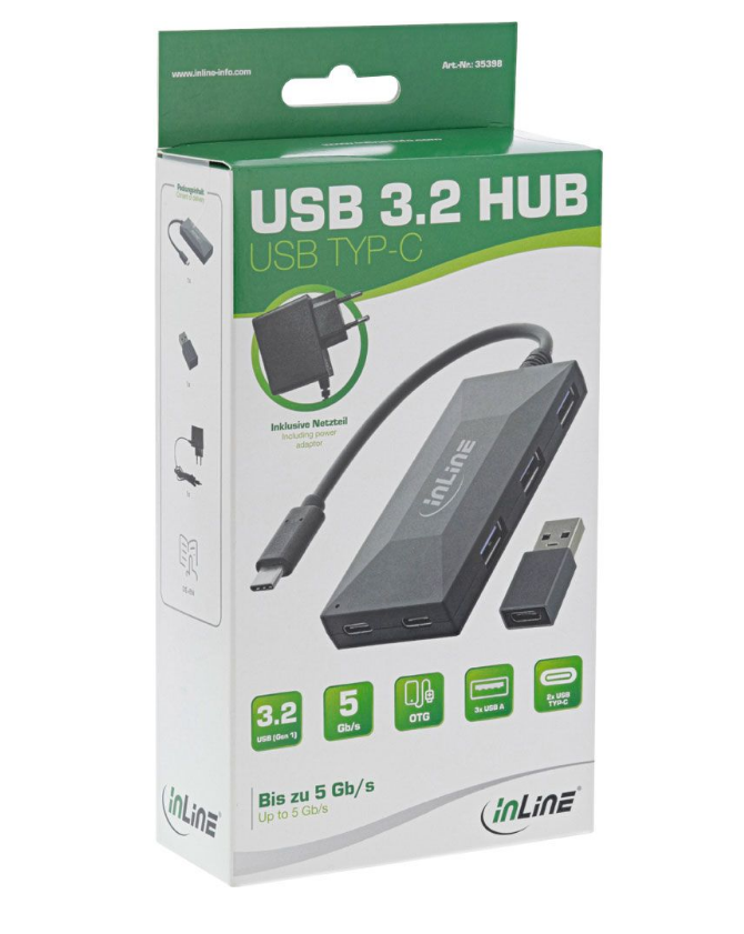 USB C Active-Hub 5-Port - USB 3.1 Typ C-Stecker > 3x USB 3.0 A-Buchse + 2x USB C-Buchse mit NT