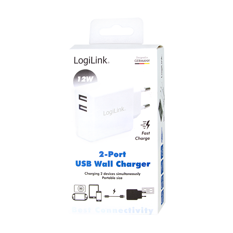 USB Lade-Adapter 230V auf 2x USB-A Buchse  2400mA, weiß