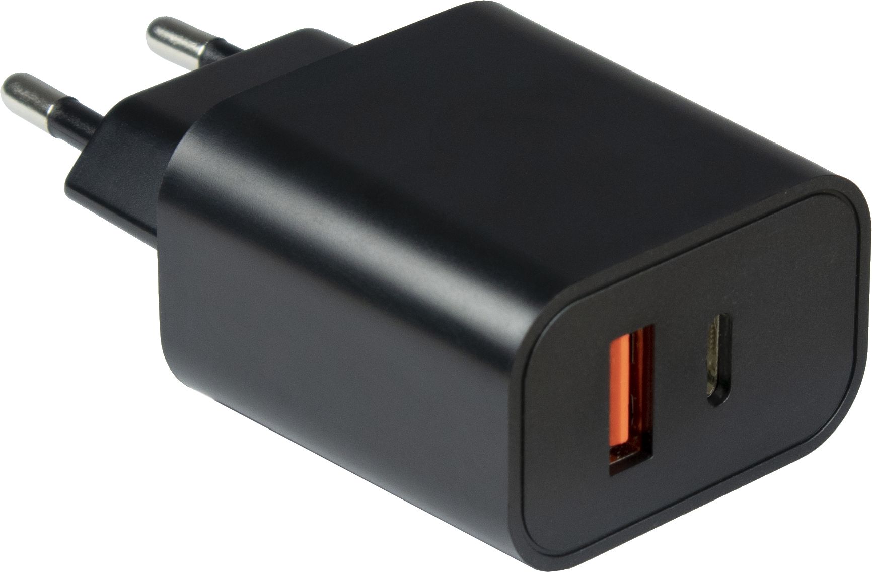 Dual USB Lade-Adapter 230V auf 1x USB-A  + USB-C QC3.0 (20W), schwarz