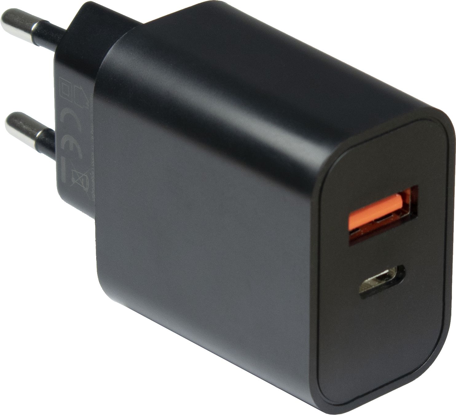 Dual USB Lade-Adapter 230V auf 1x USB-A  + USB-C QC3.0 (20W), schwarz