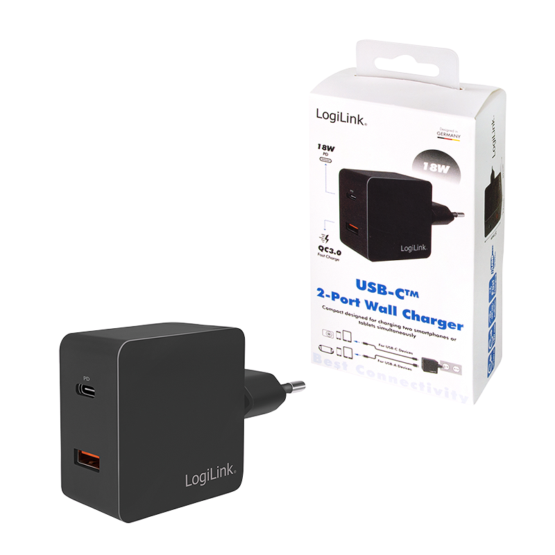 Dual USB Lade-Adapter 230V auf 1x USB-C PD (18W) + 1x USB-A QC (10W), schwarz