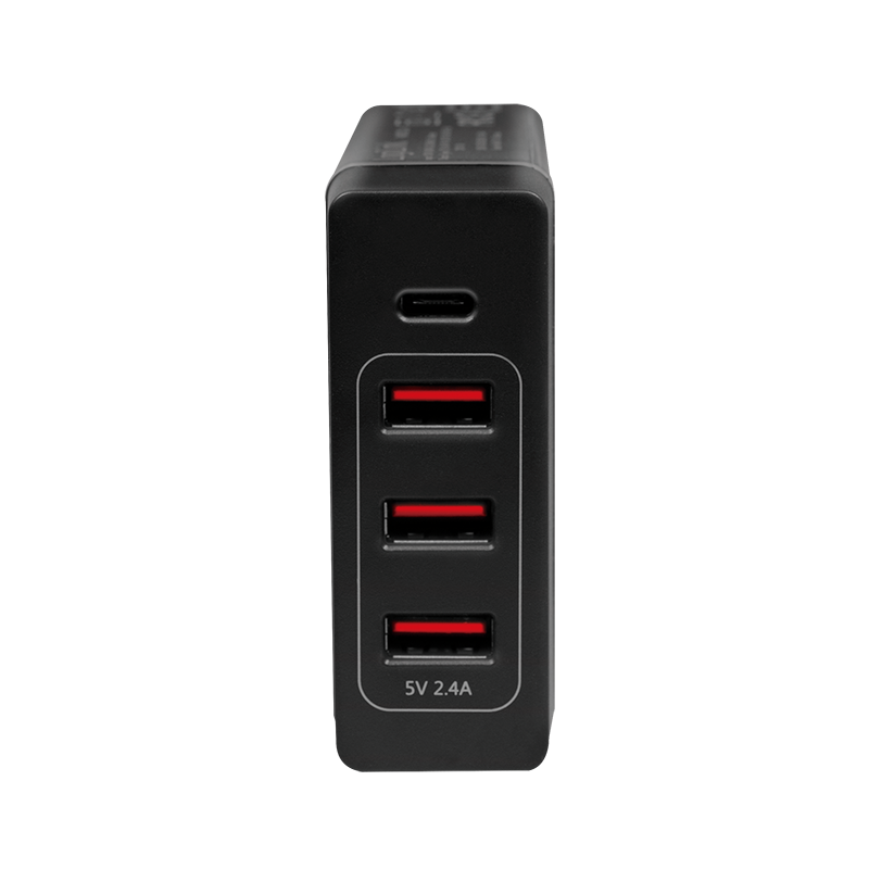 Quad USB Lade-Adapter 230V auf 3x USB-A + 1x USB-C Buchse 12+60 Watt, schwarz