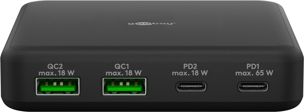 Quad USB Lade-Adapter 230V auf 2x USB-A + 2x USB-C Buchse 65 Watt, schwarz