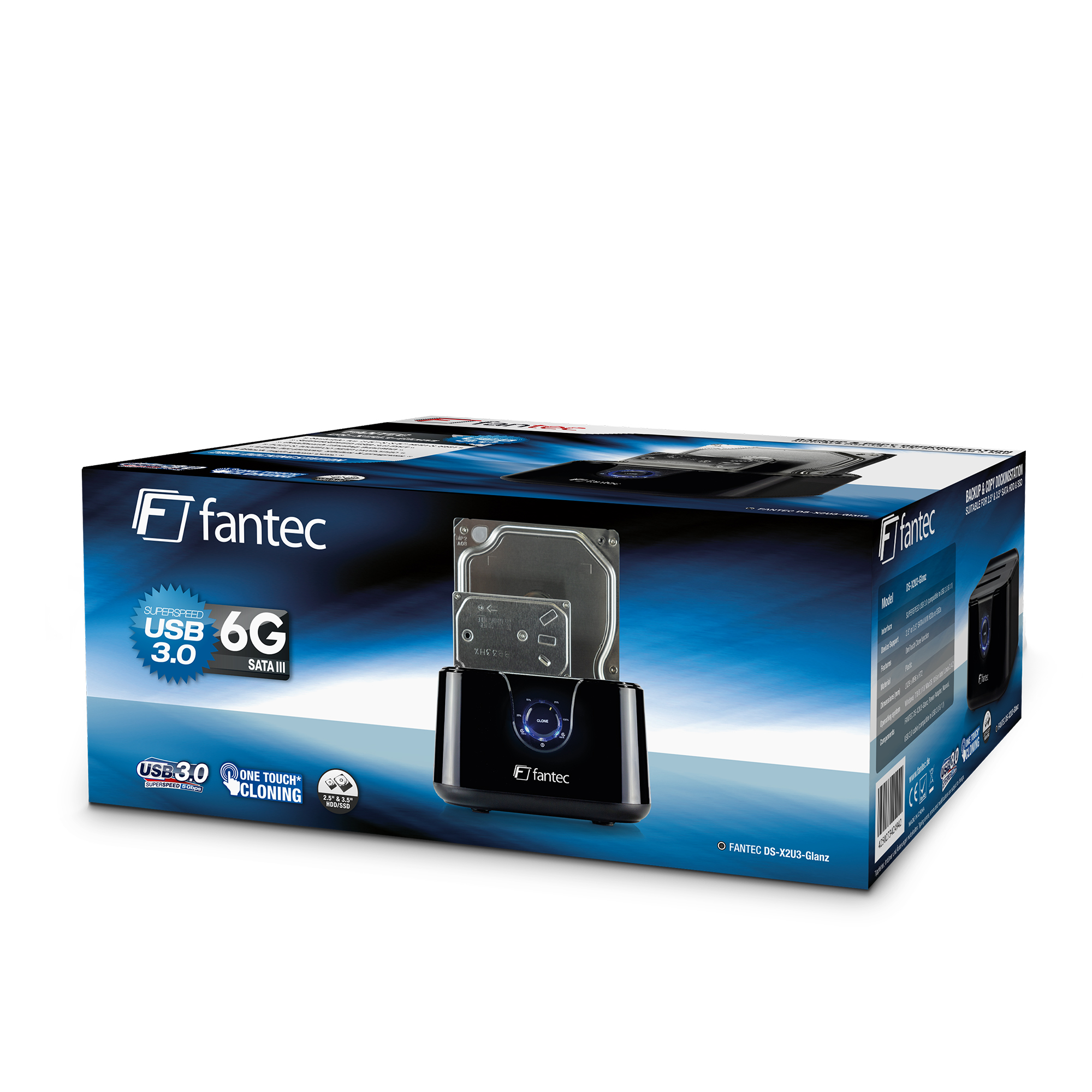 Fantec DS-X2U3-Glanz 2x USB 3.0 Docking / Copy / Klon -Station 2.5" & 3.5" SATA HDD/SSD, schwarz