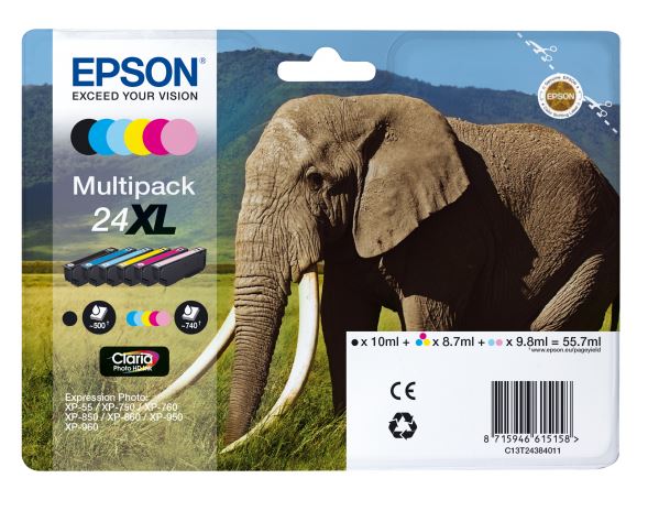 Epson T24XL Multipack Tinte (Elefant), schwarz + 5 Farben 55,7ml