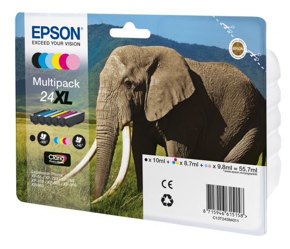 Epson T24XL Multipack Tinte (Elefant), schwarz + 5 Farben 55,7ml