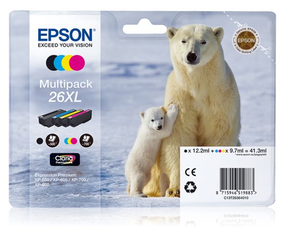Epson T26XL Multipack Tinte (Eisbär), schwarz/cyan/magenta/gelb, 41,3ml