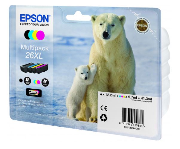 Epson T26XL Multipack Tinte (Eisbär), schwarz/cyan/magenta/gelb, 41,3ml