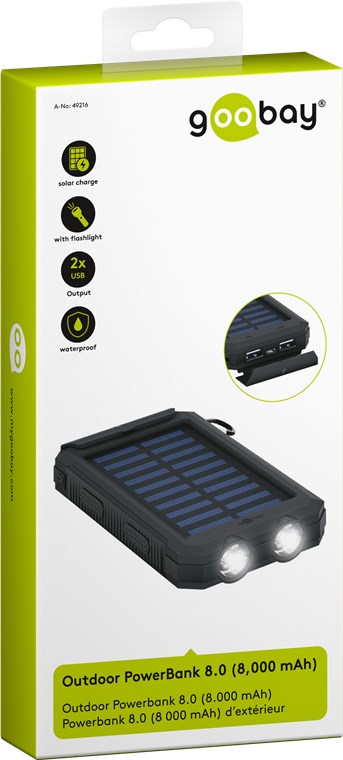 Mobile Powerbank 8.000 mAh 2x USB-A, Outdoor, Solarpanel und Taschenlampenfunktion