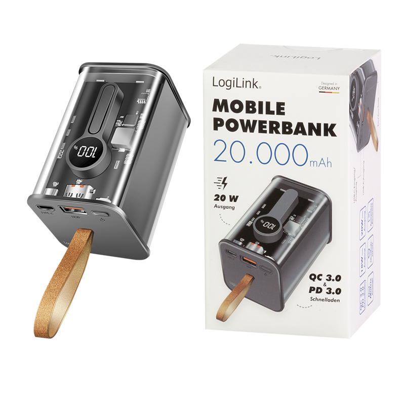 Mobile Powerbank, 20.000mAh, USB-A + USB-C PD + QC, 20W, transparent