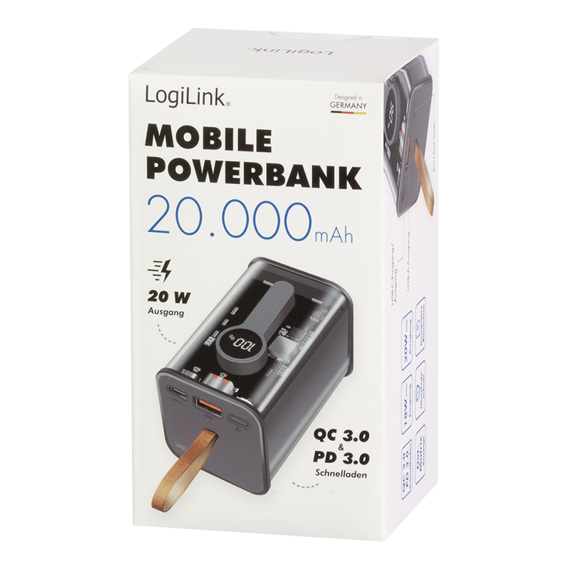 Mobile Powerbank, 20.000mAh, USB-A + USB-C PD + QC, 20W, transparent