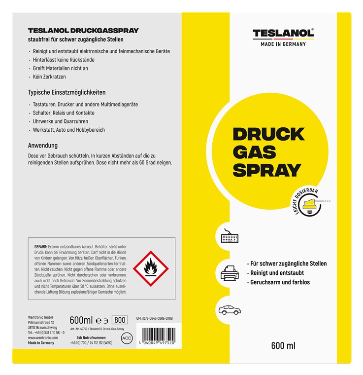 Teslanol D Dust-Off Druck-Gas-Spray  600 ml Druckluft zur Staubentfernung